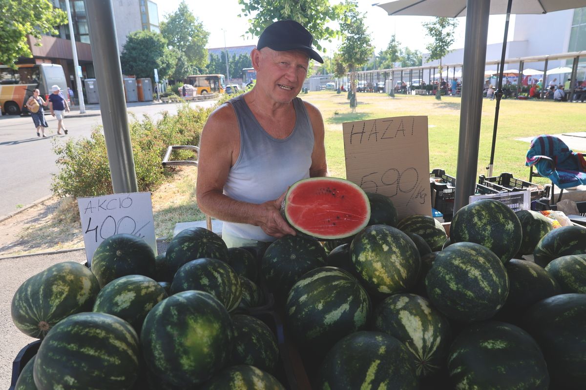 A Pécsi Vásárcsarnokban kapható már hazai görögdinnye is, Szin József őstermelőnél Fotó: Löffler Péter