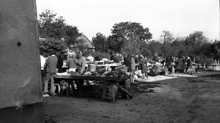 Az 1970-es évek barcsi piaca a Novák-ház melletti üres telken, miután a templomtérről elköltözött. Forrás: Rózsás Márton
