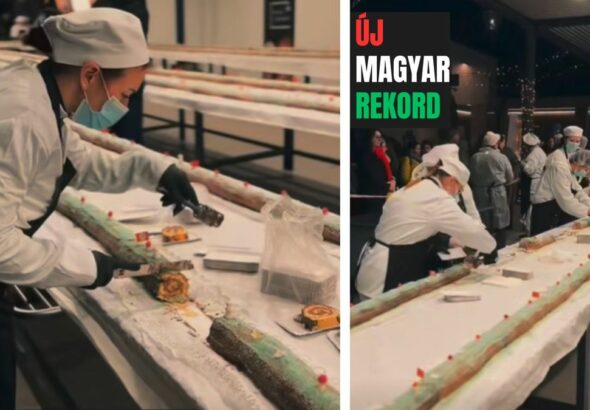 Rekordhosszú, 184 méteres fatörzs sütemény készült Esztergomban a Kolping iskola közreműködésével. Forrás: Erős Gábor / Közösségi oldala