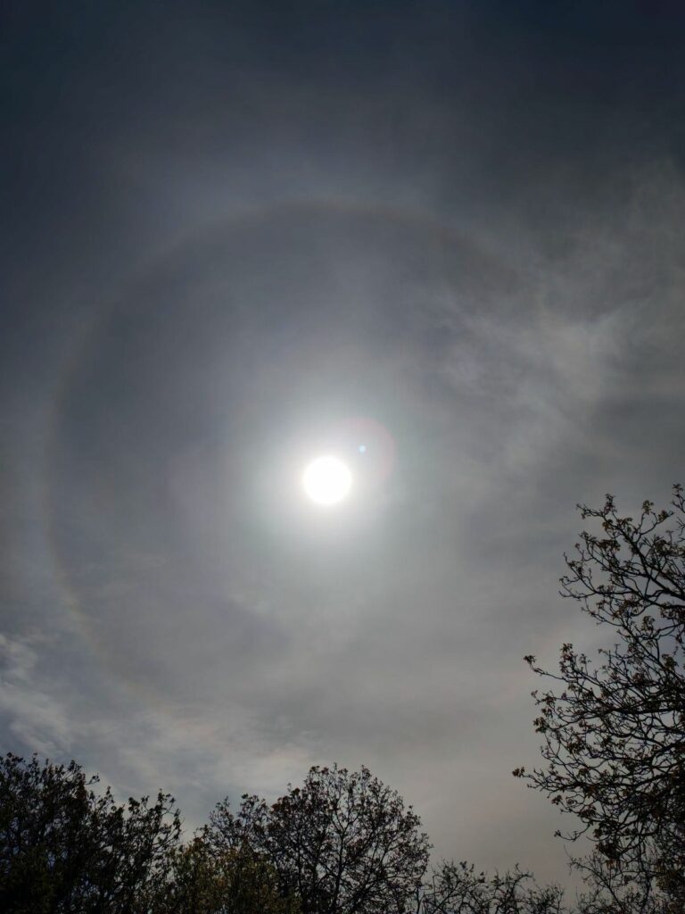 A jégkristályokon megtörő fény miatt kialakuló halójelenség látványos gyűrűbe zárja a Napot. Fotó: Makucza Bettina