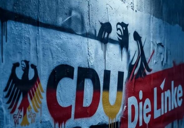 Utalás a CDU és Die Linke szövetségére falfirka formájában. Kép: MI