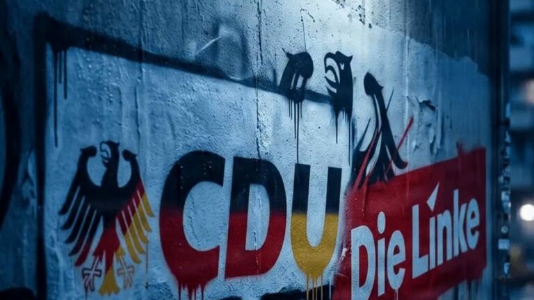 Utalás a CDU és Die Linke szövetségére falfirka formájában. Kép: MI