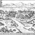 A szolnoki vár 1552-es rézmetszeten. A háttérben álló Mátra hegyei tiszta időben valóban láthatók Szolnokról, csak éppen az ellenkező irányban…