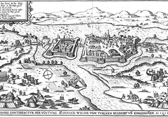 A szolnoki vár 1552-es rézmetszeten. A háttérben álló Mátra hegyei tiszta időben valóban láthatók Szolnokról, csak éppen az ellenkező irányban…