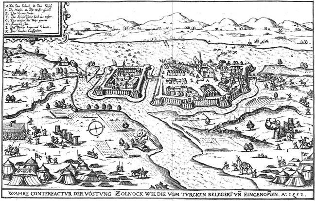 A szolnoki vár 1552-es rézmetszeten. A háttérben álló Mátra hegyei tiszta időben valóban láthatók Szolnokról, csak éppen az ellenkező irányban…